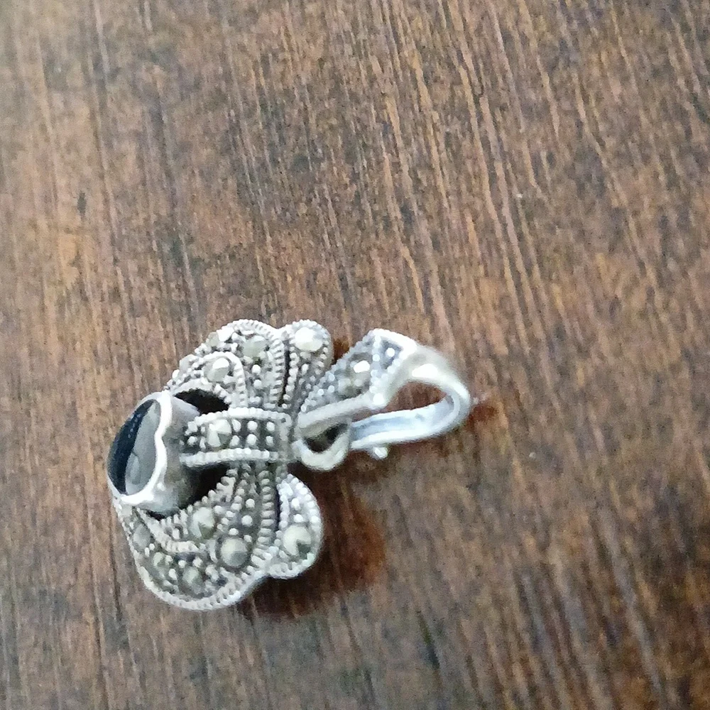 Vintage Sterling Silver Black Onyx Heart Marcasite Heart Pendant